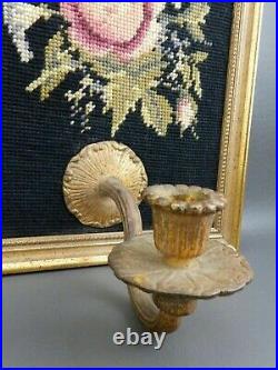 Pr Vintage Gold Framed Roses Wool Petit Needlepoint Candle Holder Wall Sconces