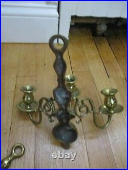 Pr Vtg Bronze 3 Arm Candle Holder Wall Sconces Federal Style withEagle Medallion