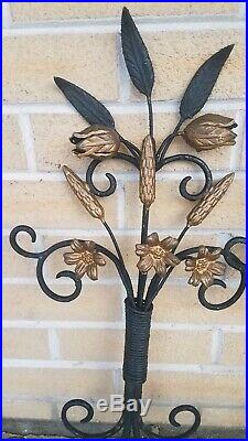 Pr Vtg Hollywood Regency Black Gold Wheat & Bow 2 Arm Wall Sconces Candle Holder