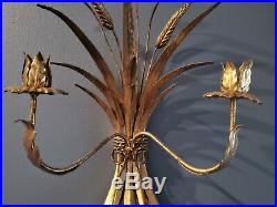 Pr Vtg Hollywood Regency Italy Gold Wheat & Bow 2 Arm Wall Sconces Candle Holder