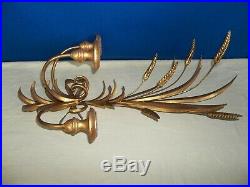 Pr Vtg Hollywood Regency Italy Gold Wheat & Bow 3 Arm Wall Sconces Candle Holder