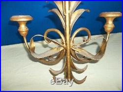 Pr Vtg Hollywood Regency Italy Gold Wheat & Bow 3 Arm Wall Sconces Candle Holder