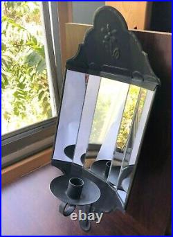 Primitive Colonial Antique Repro Black Metal Mirrored Wall Sconce Candle Holder