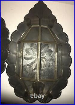 RAIR PAIR of Primitive Punched Tin Wall Sconce Candle Safe Closet Glass Holders