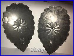 RAIR PAIR of Primitive Punched Tin Wall Sconce Candle Safe Closet Glass Holders