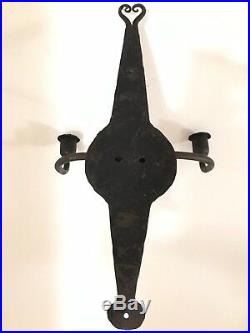 RARE 18th Century COLONIAL Primitive Wrought Iron Wall Candle Holder Sconces (2)