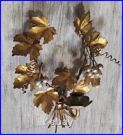 RARE Vtg Gold Metal Toleware Hollywood Reg Candle Holder Wall Sconce Set 2 ITALY