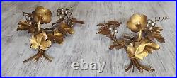 RARE Vtg Gold Metal Toleware Hollywood Reg Candle Holder Wall Sconce Set 2 ITALY