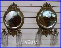 Rare Antique Pair Solid Brass Mirror Wall Sconces, 2 Candleholders and 12 Prisms