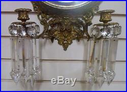 Rare Antique Pair Solid Brass Mirror Wall Sconces, 2 Candleholders and 12 Prisms