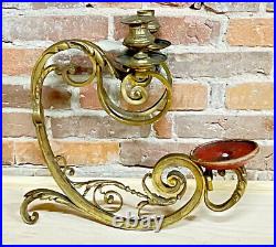 Rare Antique solid heavy brass double arm candle holder WALL MOUNT ornate scroll