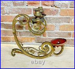 Rare Antique solid heavy brass double arm candle holder WALL MOUNT ornate scroll