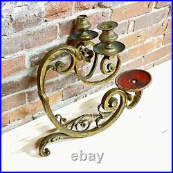 Rare Antique solid heavy brass double arm candle holder WALL MOUNT ornate scroll