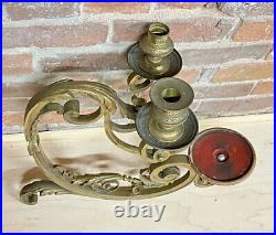 Rare Antique solid heavy brass double arm candle holder WALL MOUNT ornate scroll