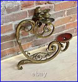 Rare Antique solid heavy brass double arm candle holder WALL MOUNT ornate scroll