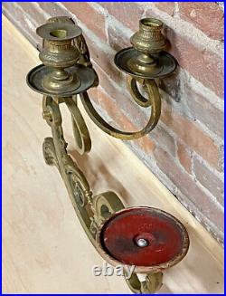 Rare Antique solid heavy brass double arm candle holder WALL MOUNT ornate scroll