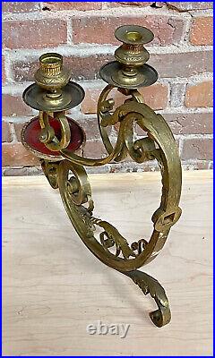 Rare Antique solid heavy brass double arm candle holder WALL MOUNT ornate scroll