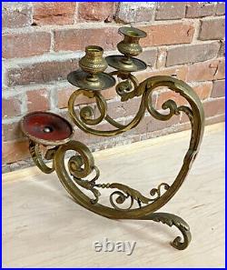 Rare Antique solid heavy brass double arm candle holder WALL MOUNT ornate scroll