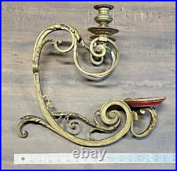 Rare Antique solid heavy brass double arm candle holder WALL MOUNT ornate scroll