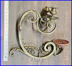 Rare Antique solid heavy brass double arm candle holder WALL MOUNT ornate scroll