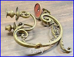 Rare Antique solid heavy brass double arm candle holder WALL MOUNT ornate scroll