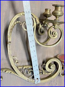 Rare Antique solid heavy brass double arm candle holder WALL MOUNT ornate scroll