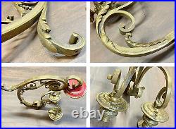 Rare Antique solid heavy brass double arm candle holder WALL MOUNT ornate scroll