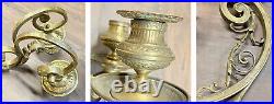 Rare Antique solid heavy brass double arm candle holder WALL MOUNT ornate scroll