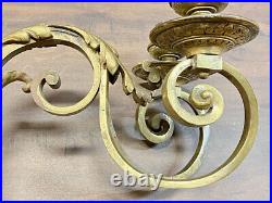 Rare Antique solid heavy brass double arm candle holder WALL MOUNT ornate scroll