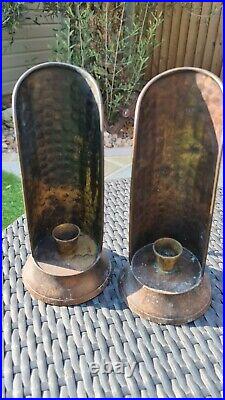 Rare Arts and Crafts Pair Copper Wall Mounting / Freestanding Candle Holders