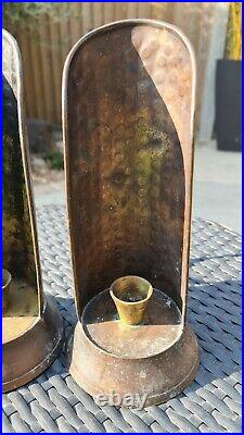 Rare Arts and Crafts Pair Copper Wall Mounting / Freestanding Candle Holders