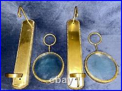 Rare Pair Of Vintage Brass & Glass Magnifying Wall Candle Sconces 14 High