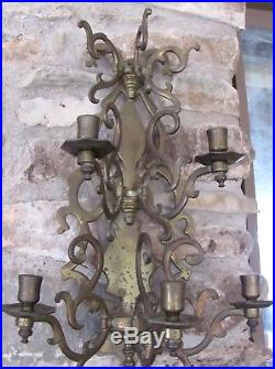 Rare Pair Vintage Brass Wall Sconces 5 Arm Candle Holder Very Heavy