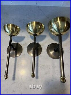 Rare! Three Piece Brass Wall Candle Sconces Danish Modern Skinny Taper Hand Made