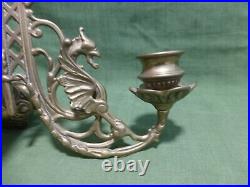 Rare a pair antique griffin/dragon brass wall/piano candle holders