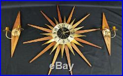 Retro Atomic Welby Sunburst Wall Clock Candle Holders MID Century Modern Brass
