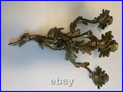 Rococo/Louis-XV/Regency Antique 3-Arm Brass/Bronze Acanthus Pair Wall Sconces
