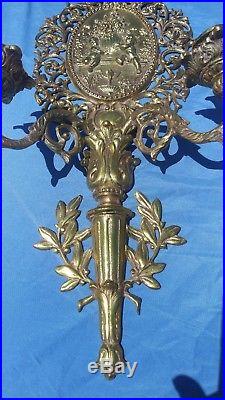 Rococo Wall Candle Sconce Pair Cherub Putti Double Arm BIG Candle Holder Vtg
