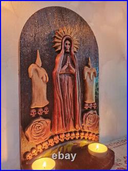 Santa Muerte Wooden Wall Altar Panel + Candleholders Goddess of Life and Death