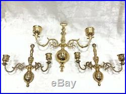 Set 3 Vintage Dual Candle Holders Double Arm Wall Sconces Brass 12.5 & 2x 9