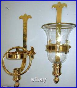 Set Large Brass Wall Sconces Gothic Cross Candle Holders Hurricane Lamp Vtg 21