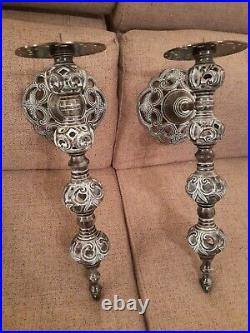 Set Of 2 EXTRA LARGE Brass Metal Candlestick wall Sconces Bluish Tint HEAVY