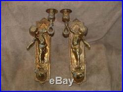 Set Of 2 Heavy Solid Brass 12 High Wall Hanging Candle Holder Angels Cherubs