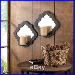Set Of 2 Rustic Mirrored Wall Sconce Candle Holders With Designed Wood Frames