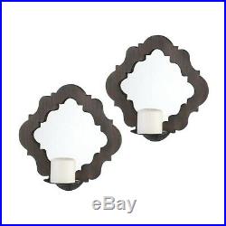 Set Of 2 Rustic Mirrored Wall Sconce Candle Holders With Designed Wood Frames