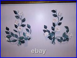 Set Of 2 Vintage Italian Tole Floral Wall Candle Holders White Roses Green Leaf