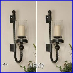 Set Of Two Black Twisted Metal And Glass Wall Sconce Candleholders
