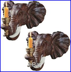 Set of 2 African Elephant Head Wall Sconces Detailed Sculptural Candle Holders