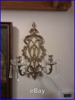 Set of 2 Antique Brass Wall Sconce Candle Holders Pair with Crystal Prisms