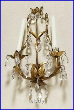 Set of 2 Antique Brass Wall Sconce Candle Holders Pair with Crystal Prisms